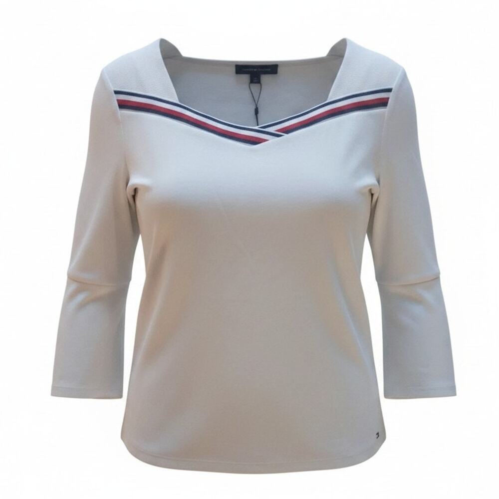 Tommy Hilfiger Womens White 3/4 Sleeve T-shirt, Square Neck, Logo Size 1XL
